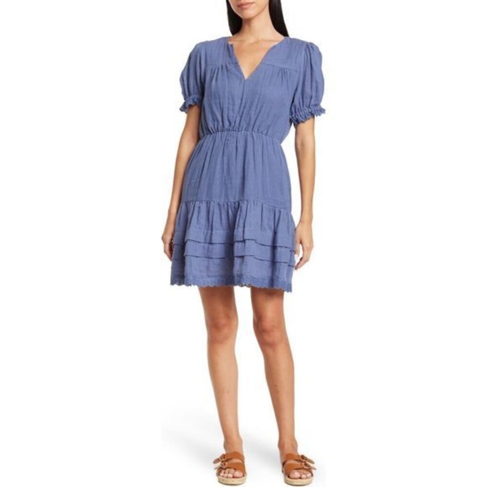 NWOT MAISIE Eyelet Trim Tiered Ruffle blue Cotton Dress Size M - Picture 1 of 9